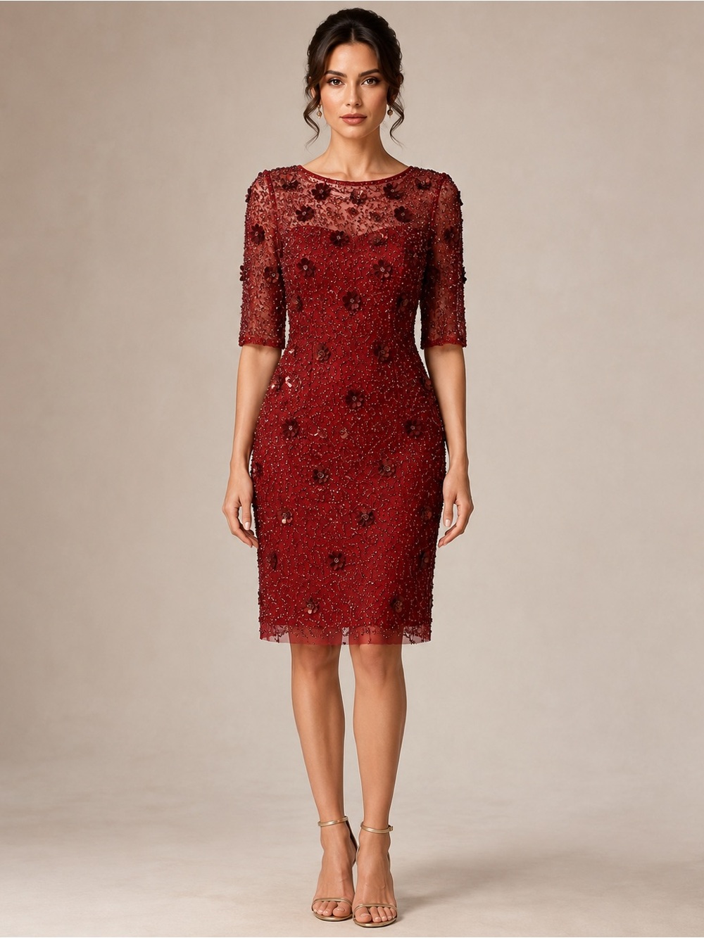 Elegant Beaded Sheath Dress in Deep Red, Adrianna Papell, NWT, Size 8